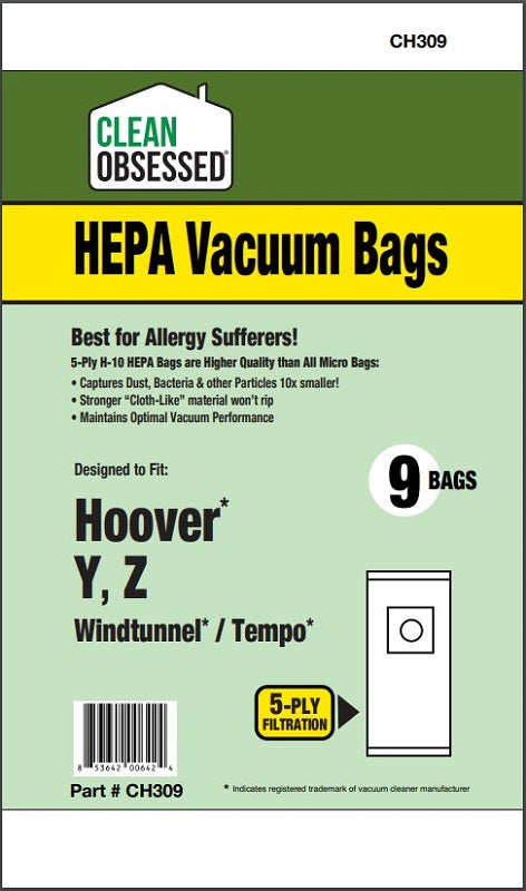 Hoover Type Y HEPA Repl Bags, 9/pk (WindTunnel / Tempo) CH309