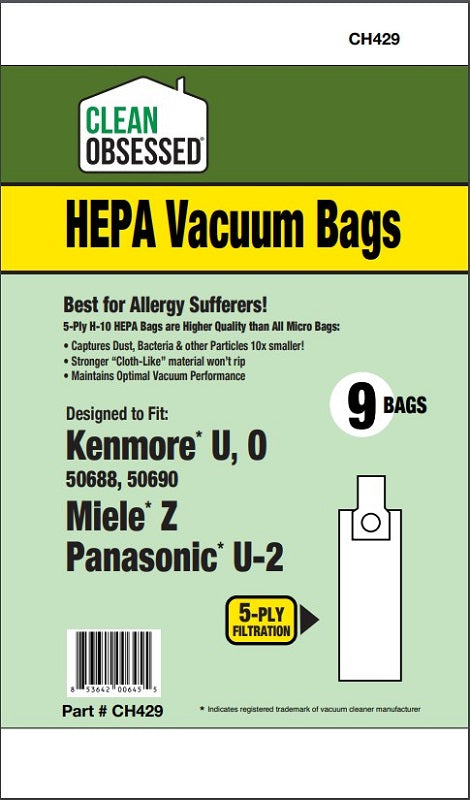 Kenmore 50688, 50690 Type U / O, HEPA Filter Bags, 9/Pk (Miele Z) (Pan U-2) CH429