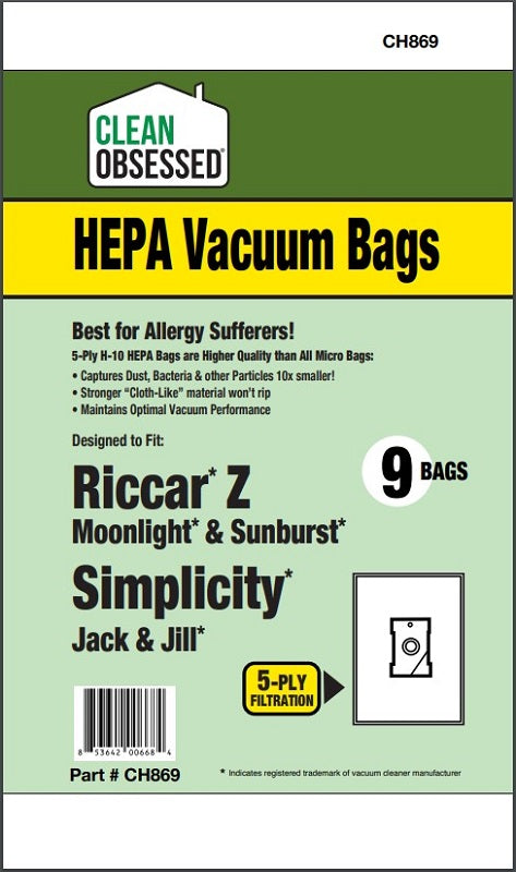 Type Z Riccar/Simplicity HEPA Filter Bags, 9/pk Riccar Moonlight / Sunburst, Simp Jack & Jill CH869