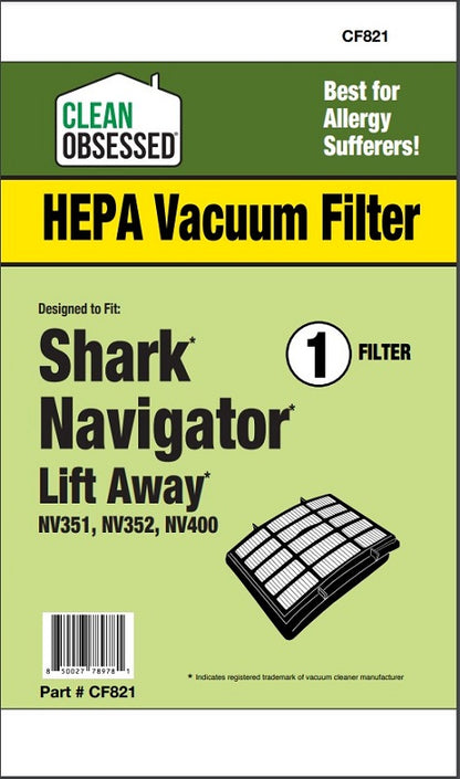 SHARK NAVIGATOR LIFT AWAY HEPA FILTER, 1/Pk, CLEAN OBSESSED, NV351 NV352 NV 360 NV400 (XHF350) CF821 HEPA