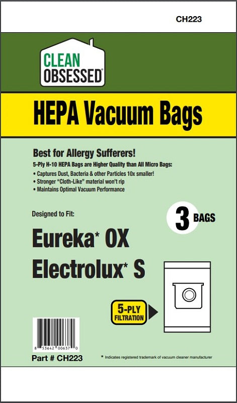 CLEAN OBSESSED EUREKA TYPE OX, ELECTROLUX TYPE S, HEPA BAGS, 3/PK CH223