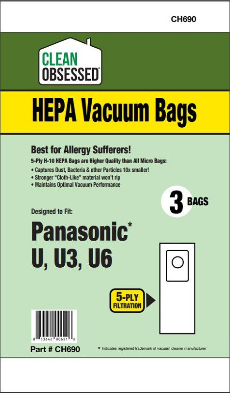 CLEAN OBSESSED PANASONIC TYPE U, U3, U6 HEPA FILTER BAGS, 3/PK CH690