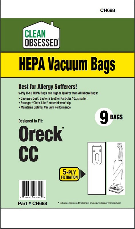 Clean Obsessed Oreck Uprights, XL Reg & Cc, HEPA Filter Bags, 9/pk