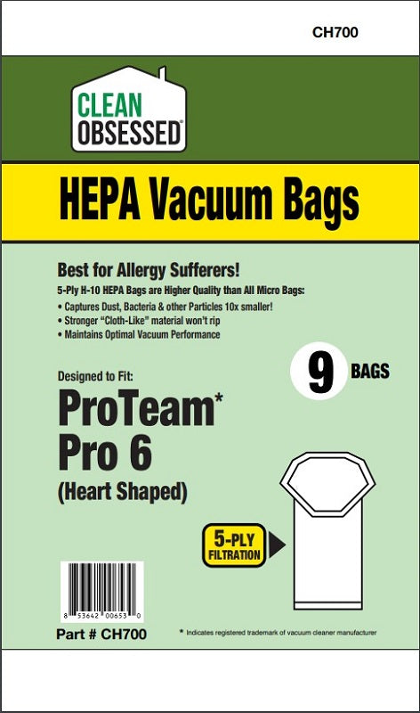 Proteam Pro 6, Fs6 Synthetic HEPA Bags, 9/pk (heart Shaped) Triangle Top