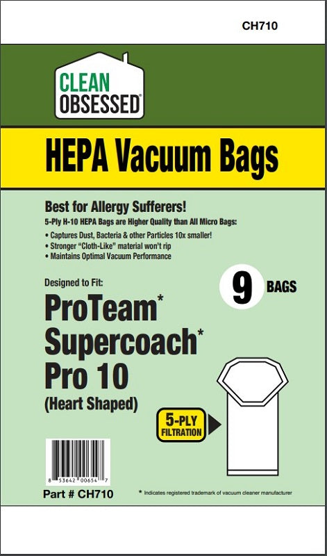 Proteam Supercoach Pro 10 HEPA Paper Bags, 9/pk (heart Shaped) Triangle Top CH710