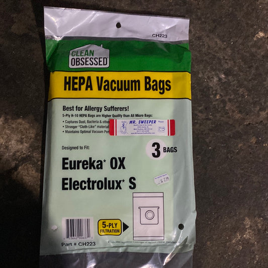 CLEAN OBSESSED EUREKA TYPE OX, ELECTROLUX TYPE S, HEPA BAGS, 3/PK CH223